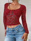 Patcute Scoop Neck Long Sleeve Lace Top