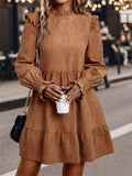 Patcute Frill Round Neck Long Sleeve Mini Dress