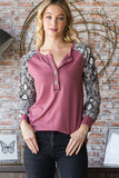 Patcute  Full Size Snakeskin Print Raglan Sleeve Half Button Top