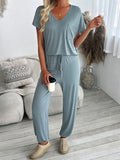 Patcute V-Neck Short Sleeve Top and Pants Set