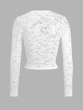 Patcute Scoop Neck Long Sleeve Lace Top