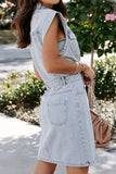 Patcute Distressed Half Button Cap Sleeve Denim Dress