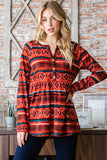 Patcute Heimish Full Size Geometric Button Detail Long Sleeve Babydoll Top