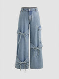 Patcute Bowknot Pocket Wide Leg Jeans Women Y2k Low Rise Sweet Casual Denim Trousers Coquette Baggy Cargo Jeans Gyaru Streetwear