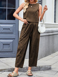 Patcute Lovelet Plaid Round Neck Sleeveless Top and Pants Set