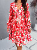 Patcute  Backless Printed V-Neck Flounce Sleeve Dress