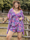 Patcute Plus Size Printed Cami, Open Front Cover Up and Shorts Set