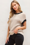 Patcute Contrast Trim Round Neck Cap Sleeve Knit Top