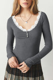 Patcute Lace Detail Scoop Neck Long Sleeve Top