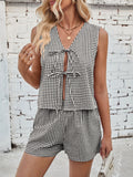 Patcute Lovelet Tied Plaid V-Neck Vest and Shorts Set