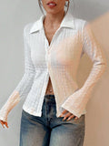 Patcute Wrinkled Collared Neck Long Sleeve Shirt