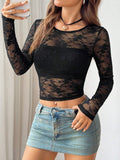 Patcute Round Neck Long Sleeve Lace Sheer Top