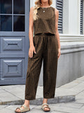 Patcute Lovelet Plaid Round Neck Sleeveless Top and Pants Set