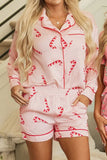 Patcute Candy Cane Collared Neck Long Sleeve Top and Shorts Lounge Set