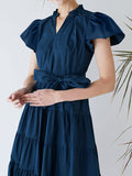 Patcute Ruched Tiered Notched Short Sleeve Dress