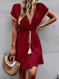 Patcute Contrast Trim V-Neck Short Sleeve Mini Dress