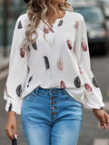 Patcute Feather Print Notched Balloon Sleeve Top