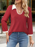 Patcute Contrast Collared Neck Long Sleeve Top