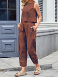 Patcute Lovelet Plaid Round Neck Sleeveless Top and Pants Set