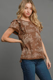 Patcute Umgee Ruffled Landscape Print Short Sleeve French Terry Top