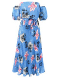 Patcute Pleated Floral Off-Shoulder Short Sleeve Midi Dress