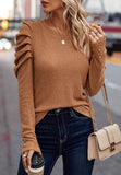 Patcute Decorative Button Round Neck Puff Sleeve Blouse