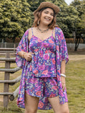 Patcute Plus Size Printed Cami, Open Front Cover Up and Shorts Set