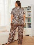 Patcute Plus Size Leopard Short Sleeve Top and Pants Lounge Set