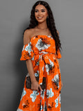 Patcute Pleated Floral Off-Shoulder Short Sleeve Midi Dress