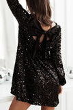 Patcute Sequin Bow Back Long Sleeve Mini Dress