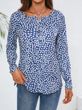 Patcute Button Printed Round Neck Long Sleeve Top