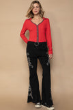 Patcute Raw Hem Embroidered Flare Pants