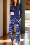 Patcute Round Neck Long Sleeve Top and Printed Pants Lounge Set