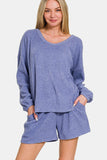 Patcute  V-Neck Long Sleeve Ribbed Top and Shorts Set