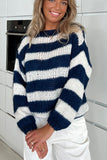 Patcute Contrast Striped Boat Neck Long Sleeve Sweater