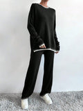 Patcute Side Slit Contrast Trim Round Neck Top and Pants Sweater Set