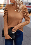 Patcute Decorative Button Round Neck Puff Sleeve Blouse