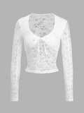 Patcute Scoop Neck Long Sleeve Lace Top