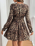 Patcute Lace Detail Leopard Flounce Sleeve Mini Dress