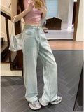 Patcute Sweet Blue Jeans for Women Bow Embroidery Straight Denim Trousers Y2k Vintage Korean Style Baggy High Waist Jeans Casual