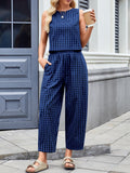 Patcute Lovelet Plaid Round Neck Sleeveless Top and Pants Set