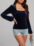 Patcute Square Neck Long Sleeve Velvet Top