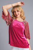 Patcute Umgee Round Neck Leopard Balloon Sleeve Velvet Top