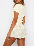 Patcute Printed Round Neck Short Sleeve Top and Drawstring Shorts Set