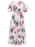 Patcute Pleated Floral Off-Shoulder Short Sleeve Midi Dress