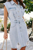 Patcute Distressed Half Button Cap Sleeve Denim Dress