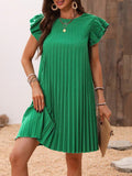 Patcute Pleated Round Neck Cap Sleeve Mini Dress