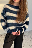 Patcute Contrast Striped Boat Neck Long Sleeve Sweater