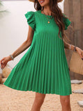 Patcute Pleated Round Neck Cap Sleeve Mini Dress