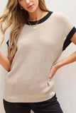 Patcute Contrast Trim Round Neck Cap Sleeve Knit Top